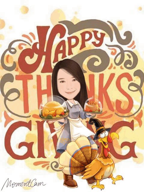 a cartoon of a woman holding a plate of food next to a turkey with the words happy thanksgiving behind her