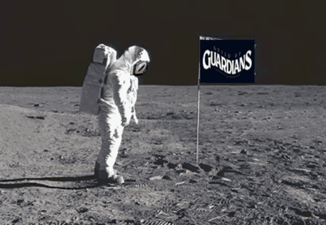 an astronaut stands on the moon next to a flag that says " guardians "