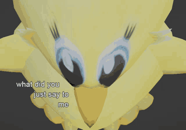 a close up of a yellow bird with the words what did you just say to me above it