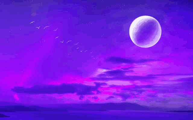 a purple sky with a full moon and birds flying