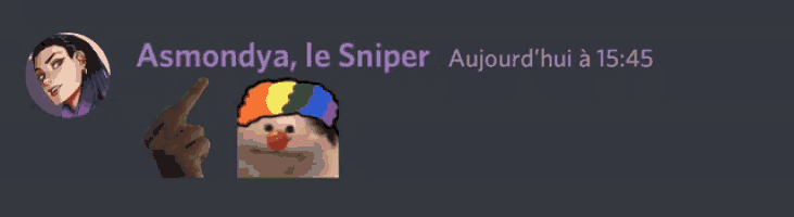 a screenshot of a discord conversation between asmondya le sniper and a cat wearing a rainbow hat