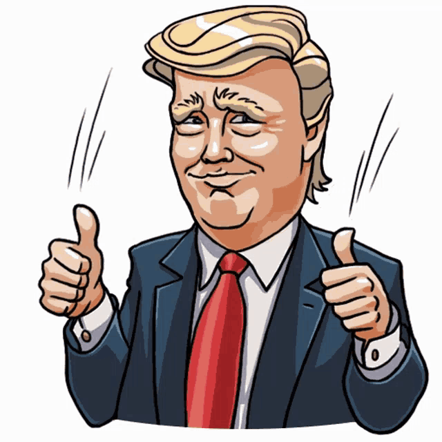 a cartoon of donald trump in a suit and tie giving a thumbs up