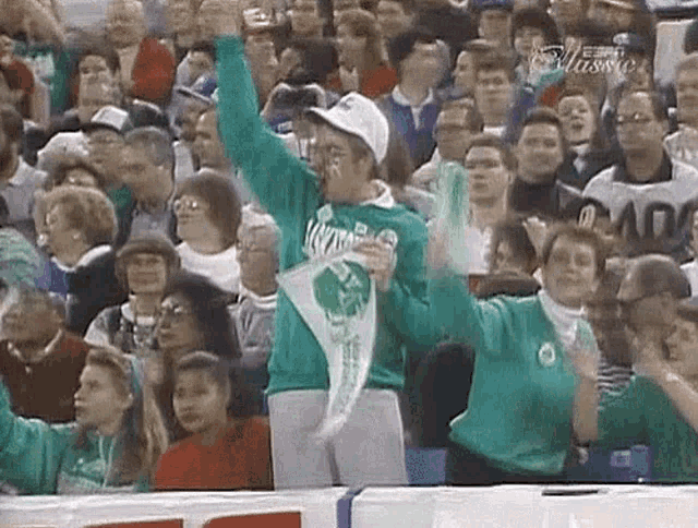 a group of people are sitting in a stadium watching a game and one of them is holding a flag .