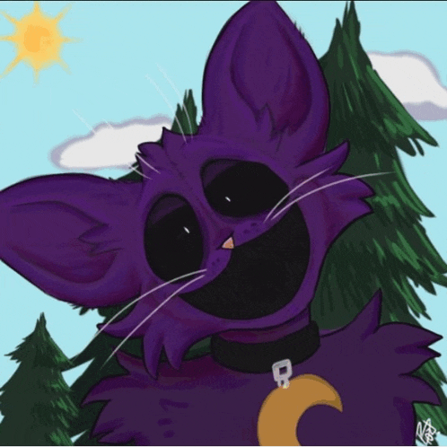 a drawing of a purple cat with a collar and a crescent moon