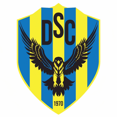 a blue and yellow striped shield with the letters dsc and a bird on it