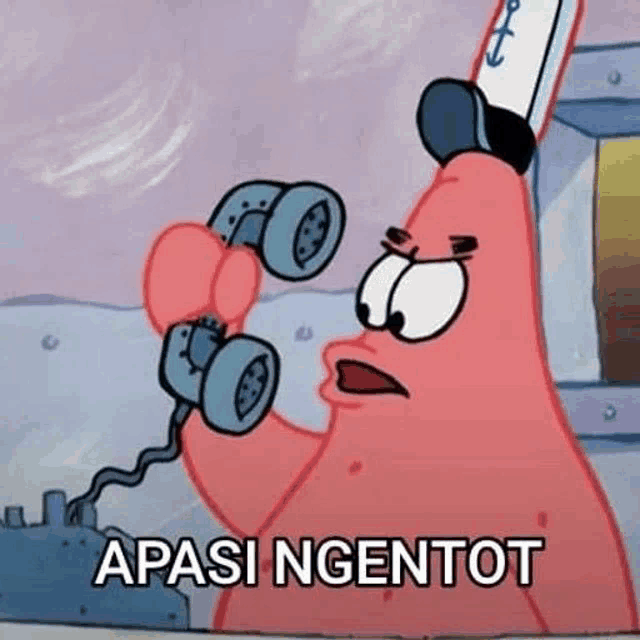 patrick star from spongebob squarepants is talking on a phone with a funny face .