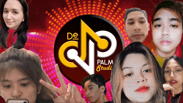 a group of people are standing in front of a logo for de palm studio