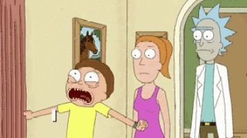 rick and morty are standing next to each other in a room .