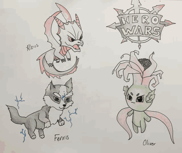 a drawing of a wolf a dragon and a plant with the words hero wars written above them