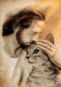 a painting of a man petting a cat with his eyes closed