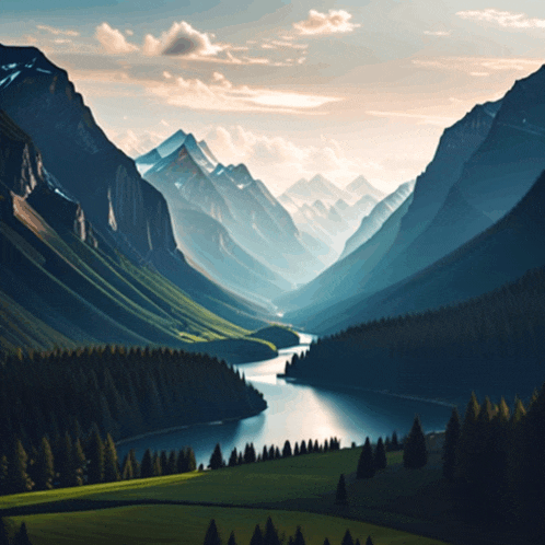 a lake in the middle of a valley surrounded by mountains and trees