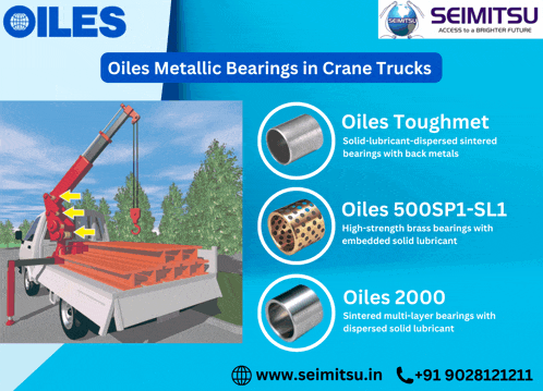 an advertisement for oiles metallic bearings in crane trucks by seimitsu