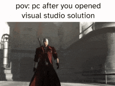 a man in a red coat is standing in front of a building with the caption " pc after you opened visual studio solution "