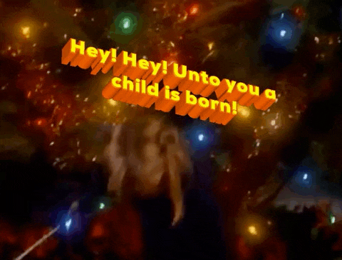 a blurred image of a person with the words hey hey unto you a child is born above them