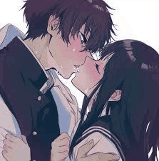 a boy and a girl are kissing each other in a school uniform .