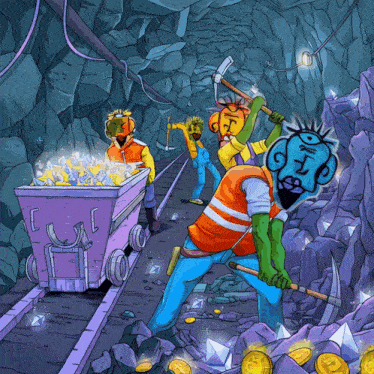 a cartoon drawing of a group of people working in a cave