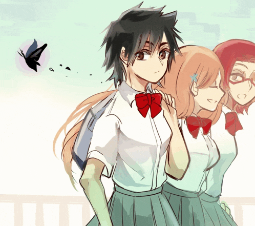 a drawing of three anime characters with a butterfly flying over them