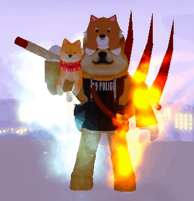 a dog wearing a 9 police shirt is holding a sword