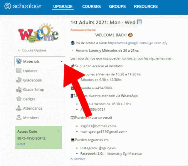 a screenshot of the schoology website with an arrow pointing to term 1 integration activities part 1