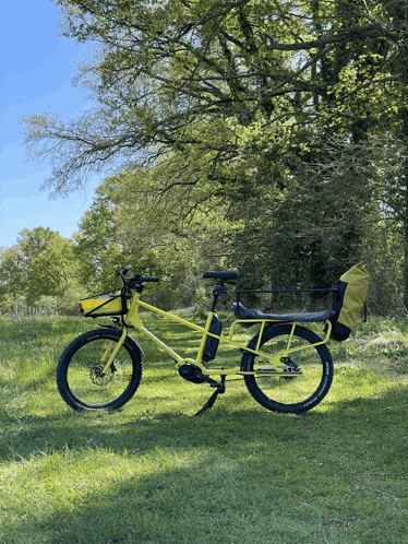 a yellow bicycle is parked on a grassy field