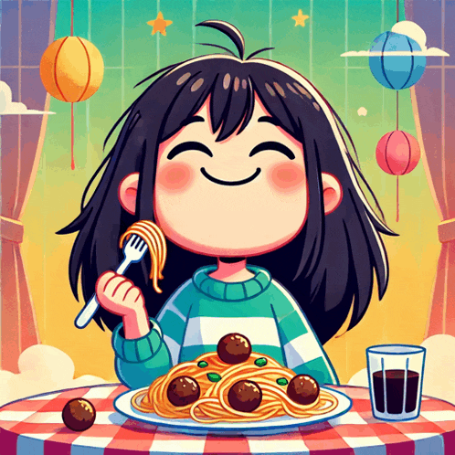 a cartoon girl is eating spaghetti and meatballs