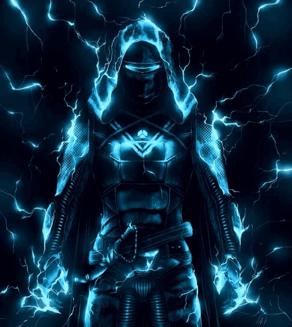 a man with a hood and a sword is surrounded by lightning