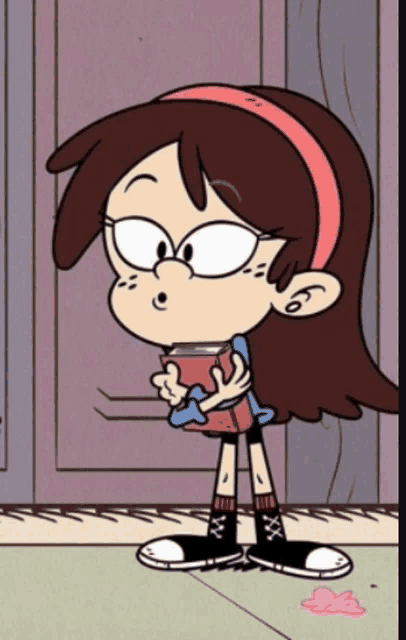 a cartoon girl is holding a book and has the number 6 on her headband