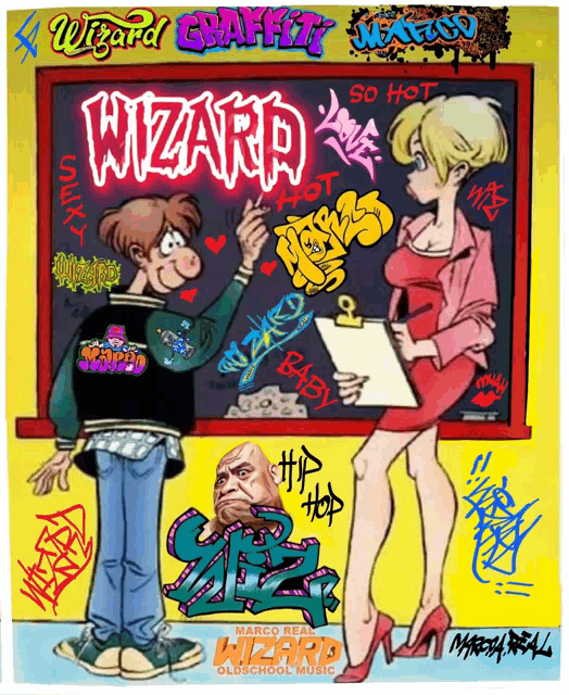 a cartoon of a man and a woman with the word wizard on the front