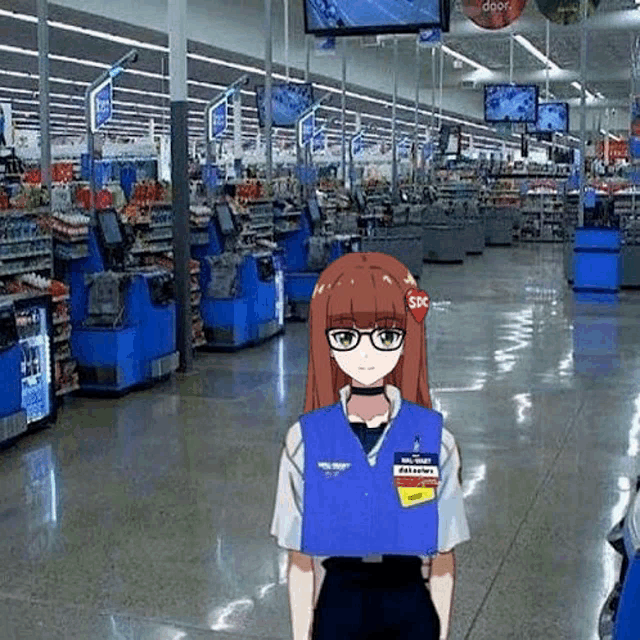 a woman in a blue vest is standing in a store .