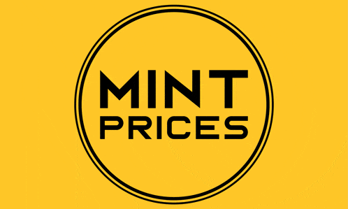 a yellow background with the words mint prices written in black