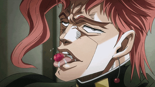 a close up of a cartoon character with red hair and a cherry in his mouth