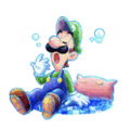 a cartoon of luigi sitting on a bed with a pink pillow