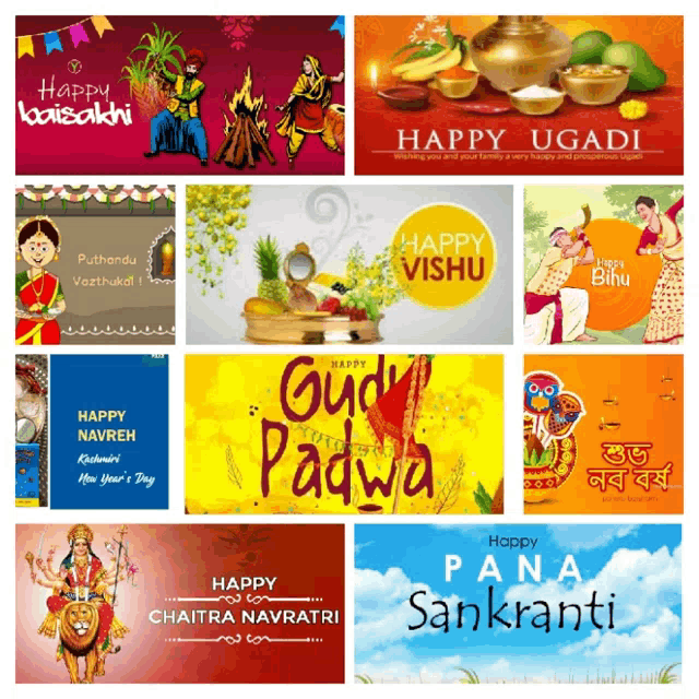 a collage of colorful greeting cards for various festivals