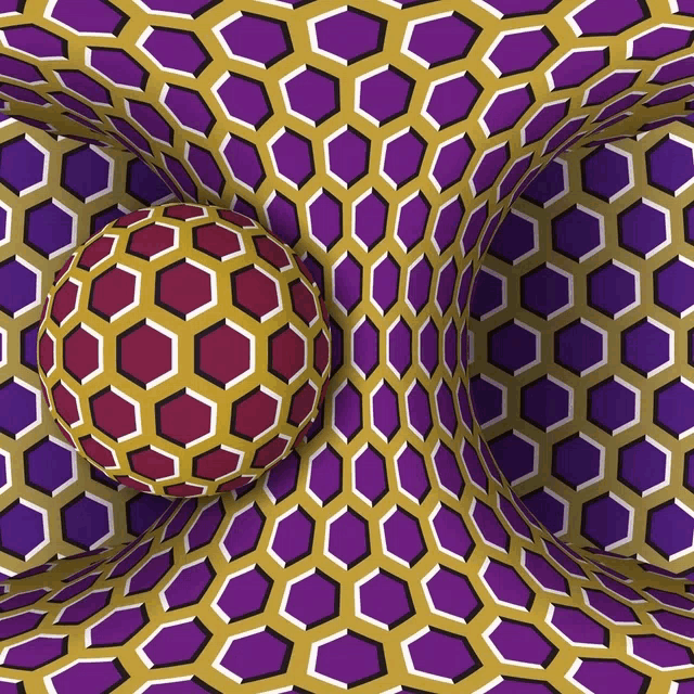 a purple and gold optical illusion with a red sphere in the middle