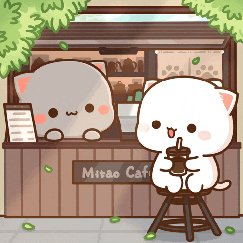 two cartoon cats sit in front of a mitao cafe sign