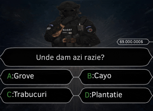 a computer screen shows a soldier with a gun and the question " unde dam azi razie "