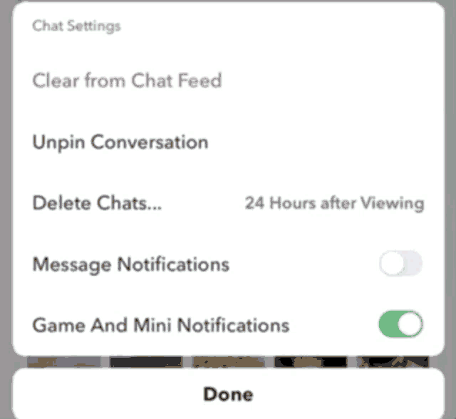 a screenshot of a chat settings screen shows the options to clear from chat feed unpin conversation delete chats and message notifications