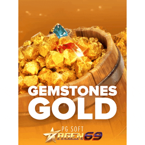 a poster for gemstones gold shows a wooden bucket full of gold nuggets