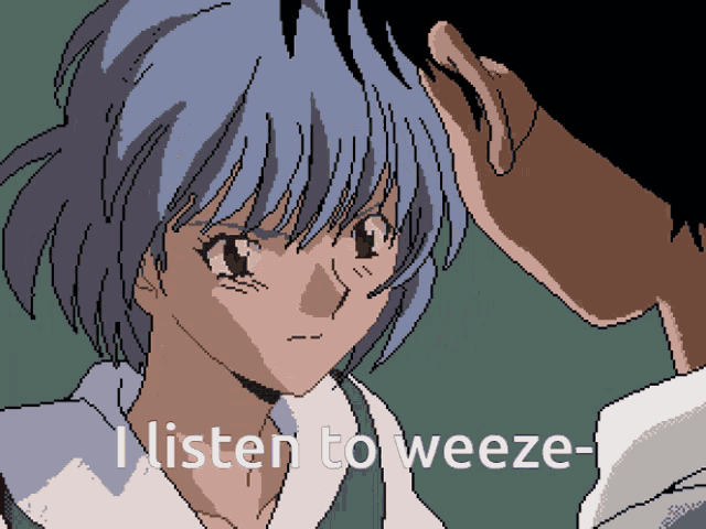 a pixel art of a girl and a boy with the words " i listen to weeze "