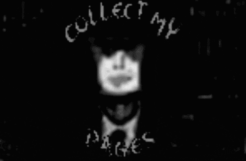 a black and white image of a man 's face with the words collect 94 written in white letters