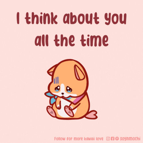 a cartoon of a dog crying with the words " i think about you all the time "