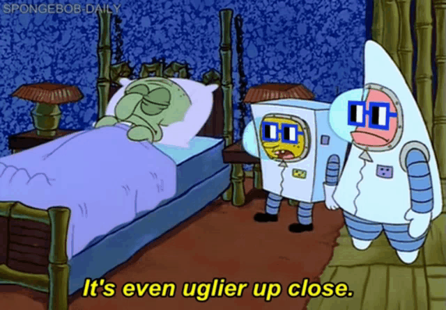 a cartoon scene from spongebob daily shows squidward and a robot standing next to a bed