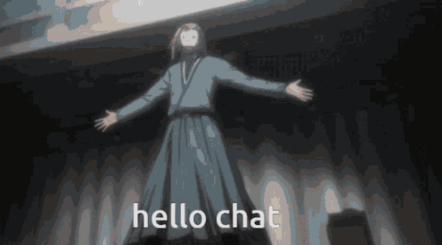 a man in a blue dress is standing on a stage and says hello chat .