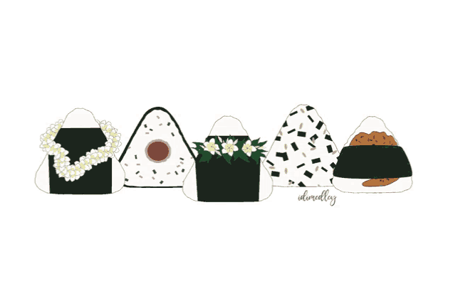 a drawing of a row of onigiri with flowers on top