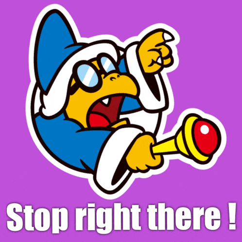 a sticker of a bird holding a trumpet with the words stop right there below it