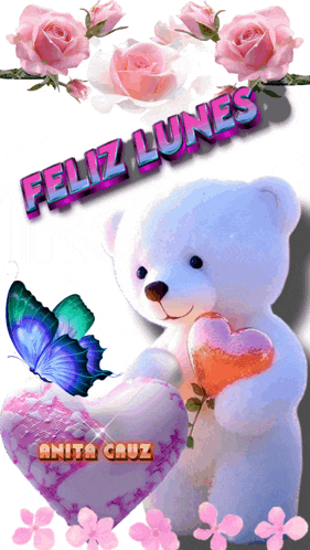 a teddy bear is holding a heart with the words feliz lunes written above it