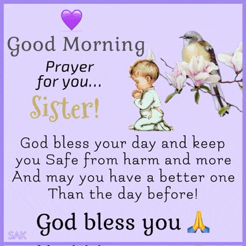 good morning prayer for you sister god bless your day and keep you safe from harm and more and may you have a better one than the day before !