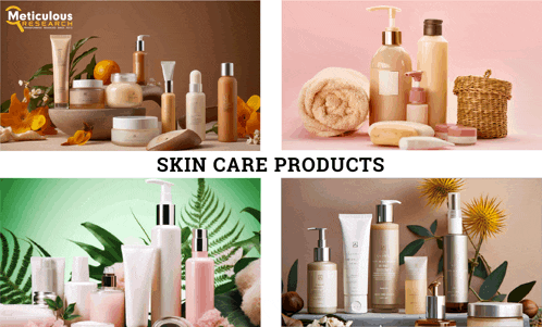 a collage of four pictures of skin care products with the words skin care products at the top