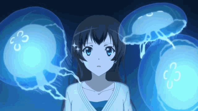 a girl is surrounded by blue jellyfish with the number 3 on them