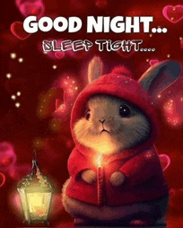 a rabbit in a red hoodie is holding a candle and says good night sleep tight .